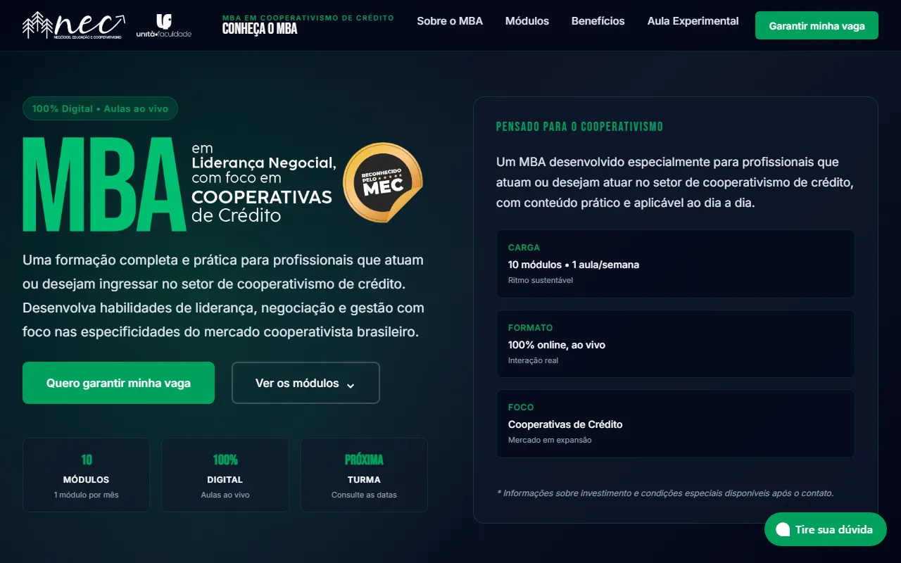Página do MBA em Cooperativismo de Crédito da NEC